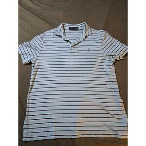 Polo Ralph Lauren Mens Medium Striped Polo 100% Cotton Light Blue Short Sleeve